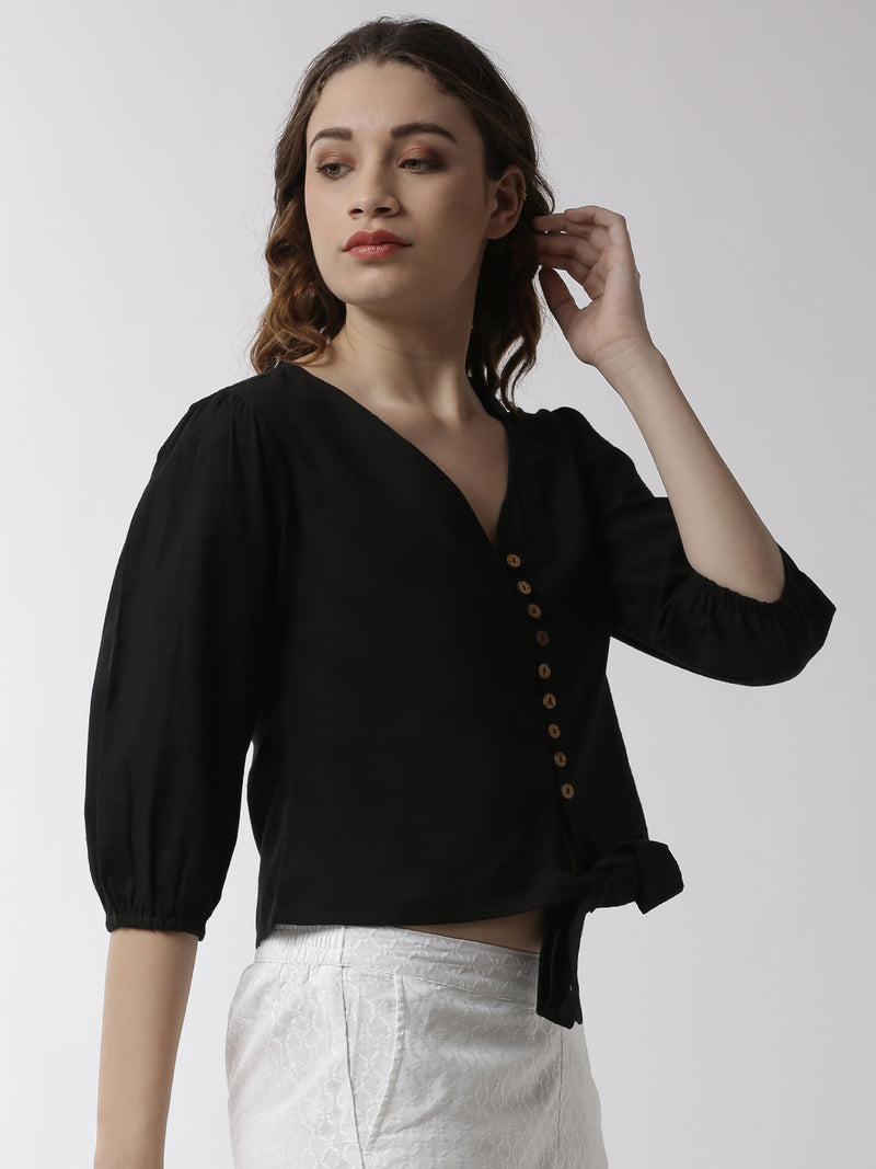 De Moza Women's Shirt Woven Top Solid Cotton Black - De Moza (4499734233151)