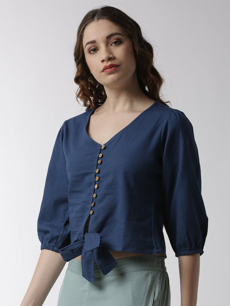 De Moza Women's Shirt Woven Top Solid Cotton Indigo Blue - De Moza (4499734298687)