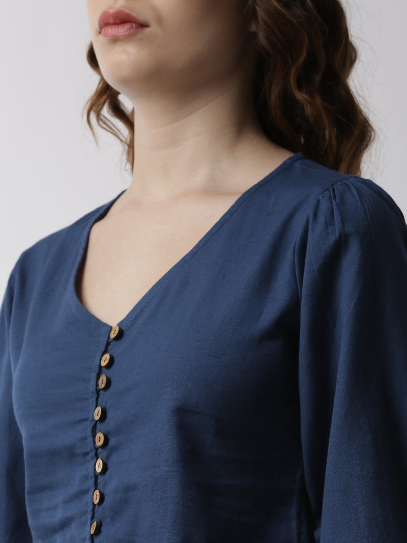 De Moza Women's Shirt Woven Top Solid Cotton Indigo Blue - De Moza (4499734298687)