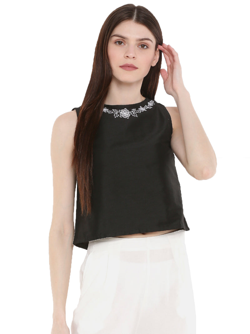 De Moza Ladies Embroidered Sleeveless Crop Top Black - De Moza (1668833837119)