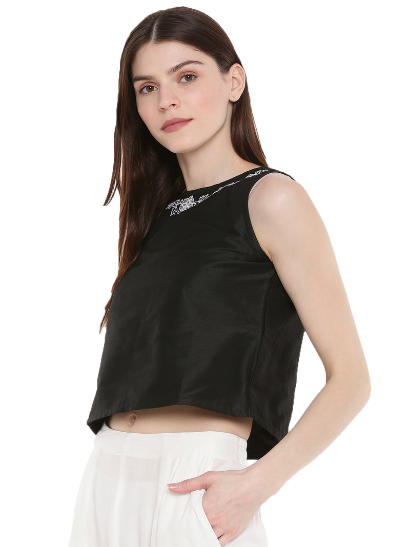 De Moza Ladies Embroidered Sleeveless Crop Top Black - De Moza (1668833837119)