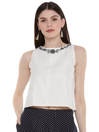 De Moza Ladies Embroidered Sleeveless Crop Top OffWhite - De Moza (1668837244991)