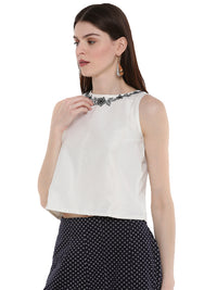 De Moza Ladies Embroidered Sleeveless Crop Top OffWhite - De Moza (1668837244991)