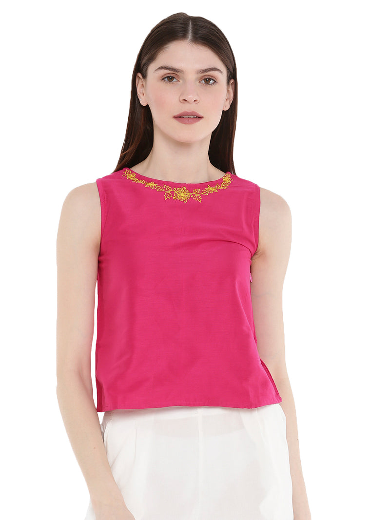De Moza Ladies Embroidered Sleeveless Crop Top Fuchsia - De Moza (1668839014463)