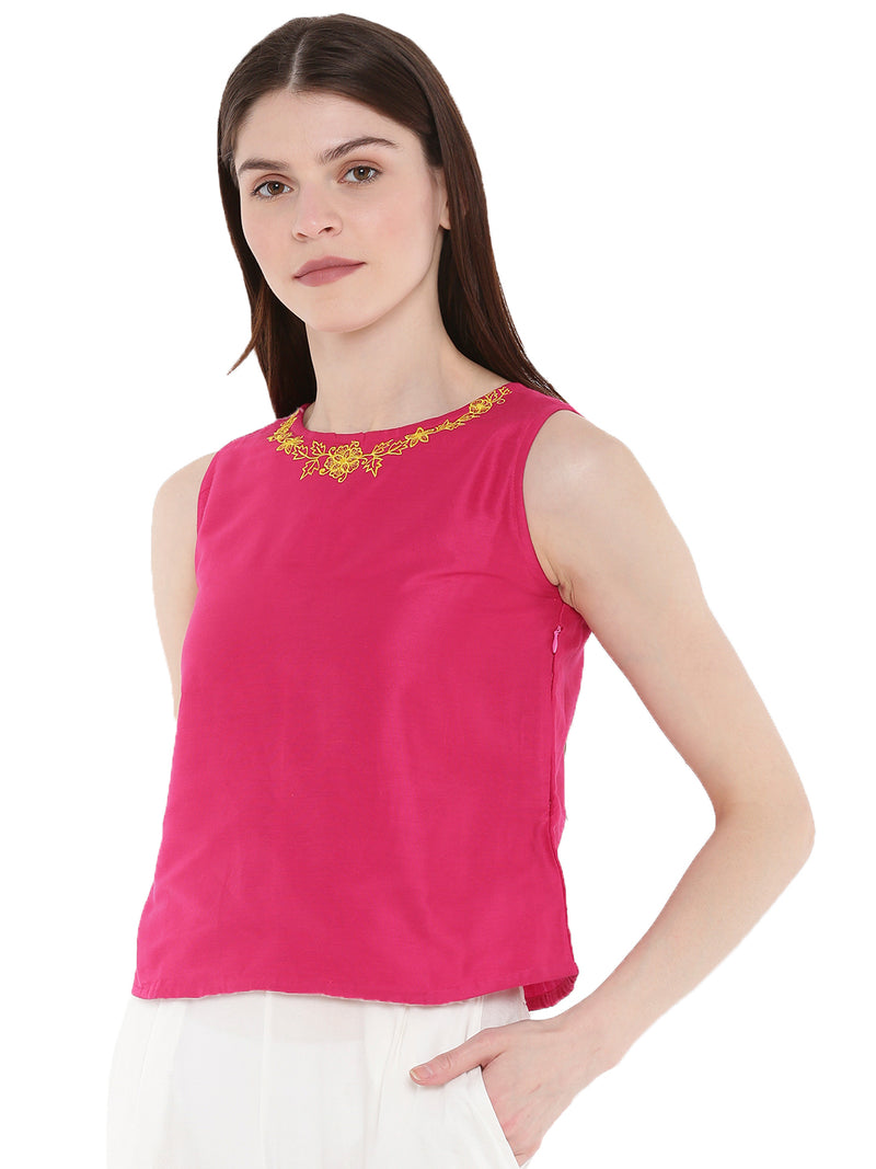 De Moza Ladies Embroidered Sleeveless Crop Top Fuchsia - De Moza (1668839014463)