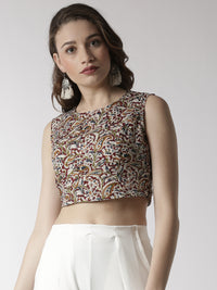 De Moza Women's Crop Woven Top All Over Print Cotton Maroon - De Moza (4470437314623)