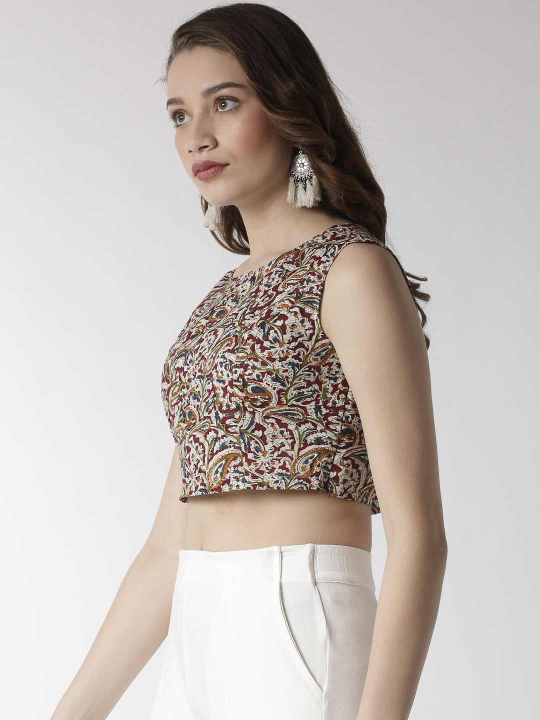 De Moza Women's Crop Woven Top All Over Print Cotton Maroon - De Moza (4470437314623)