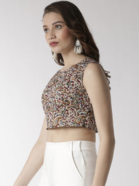 De Moza Women's Crop Woven Top All Over Print Cotton Maroon - De Moza (4470437314623)