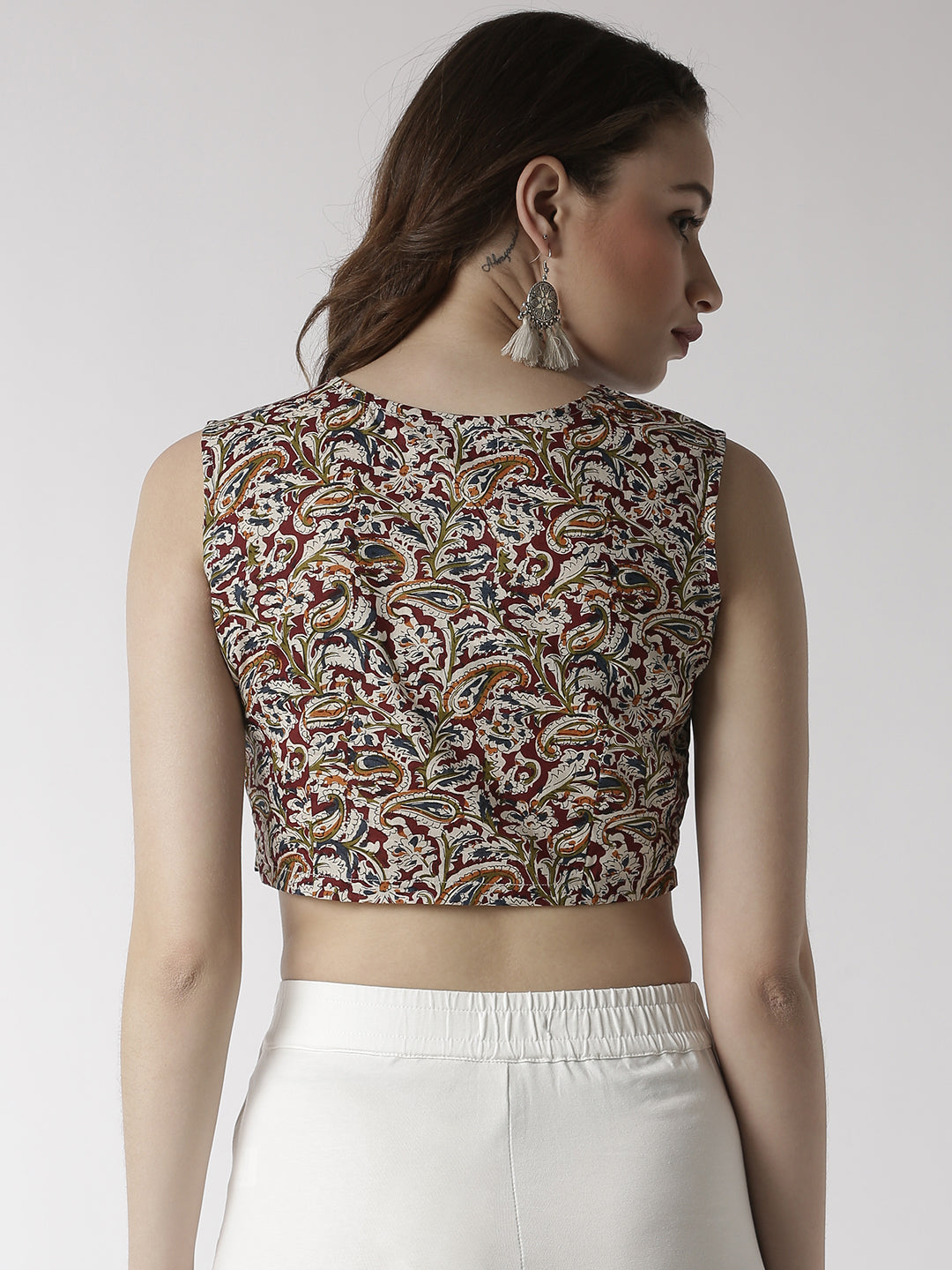 De Moza Women's Crop Woven Top All Over Print Cotton Maroon - De Moza (4470437314623)