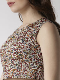 De Moza Women's Crop Woven Top All Over Print Cotton Maroon - De Moza (4470437314623)