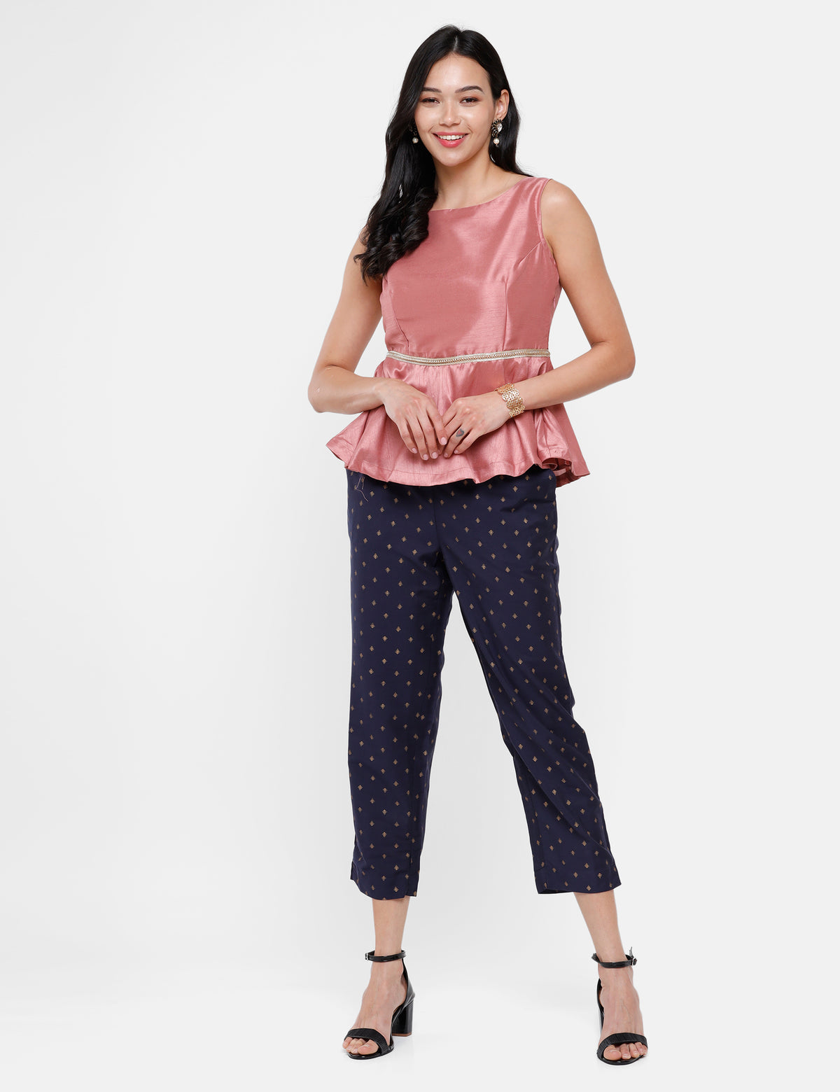 De Moza Ladies Printed Straight Pant Navy