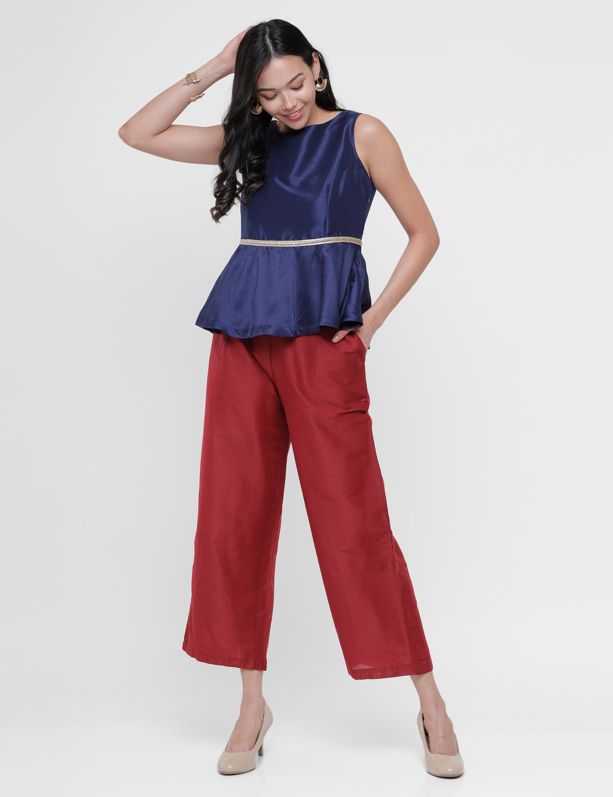 De Moza Ladies Palazzo Solid Polyester Red - De Moza
