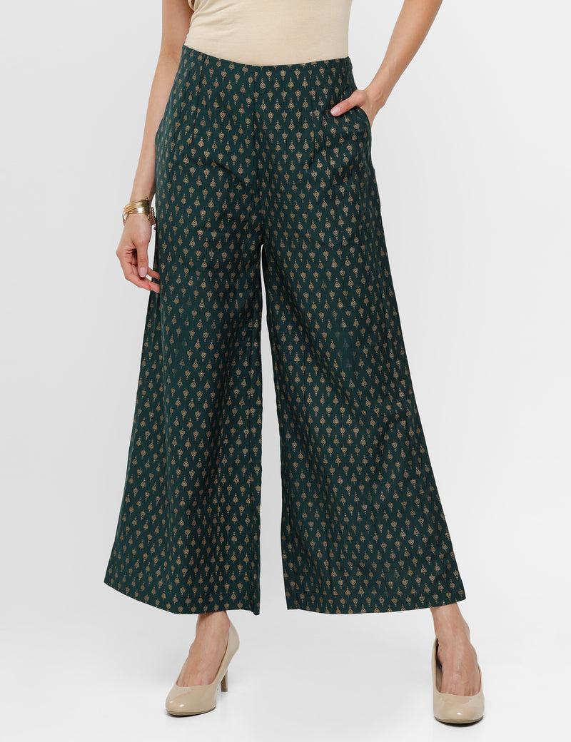 De Moza Ladies Palazzo Solid Polyester Dark Green - De Moza