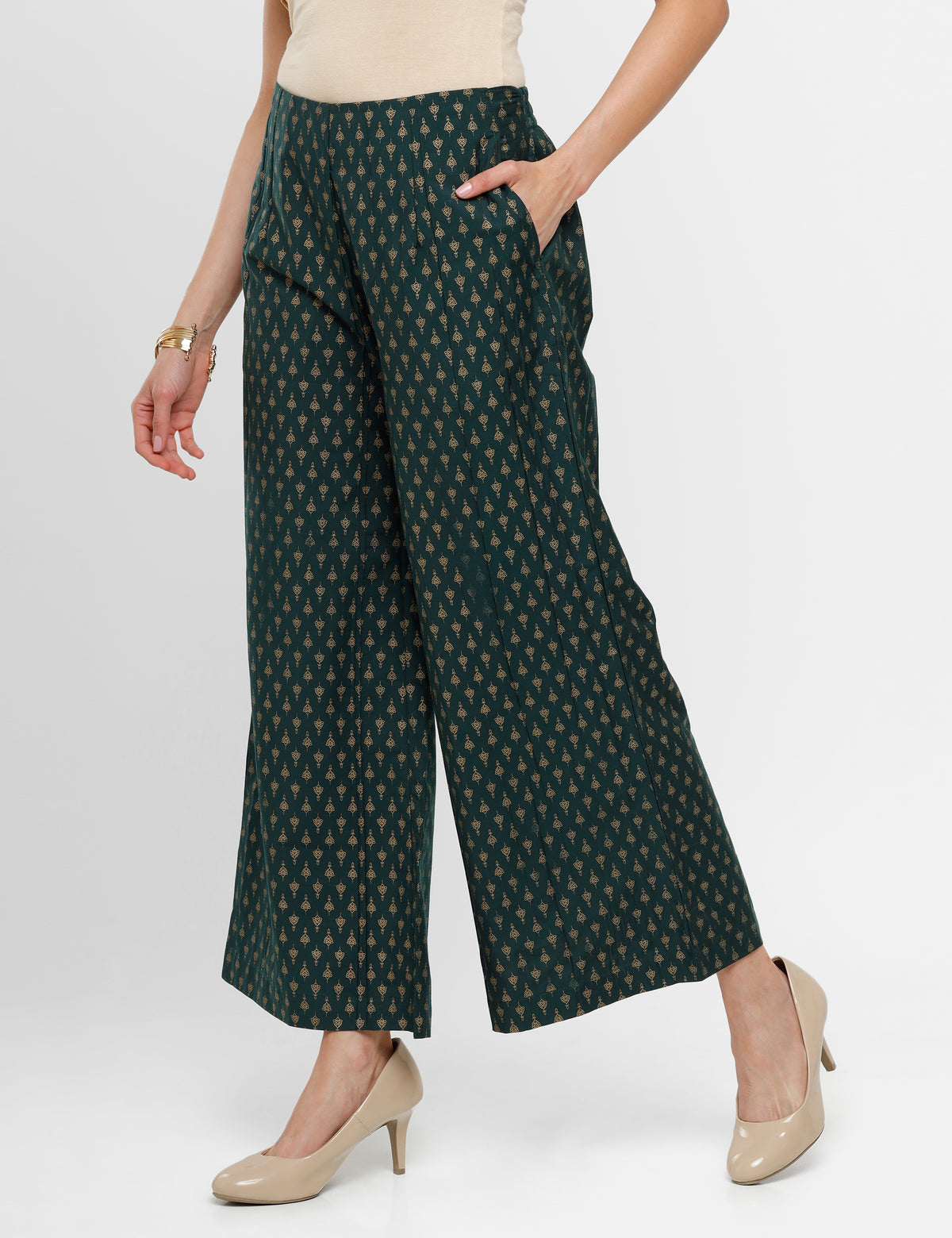 De Moza Ladies Palazzo Solid Polyester Dark Green - De Moza