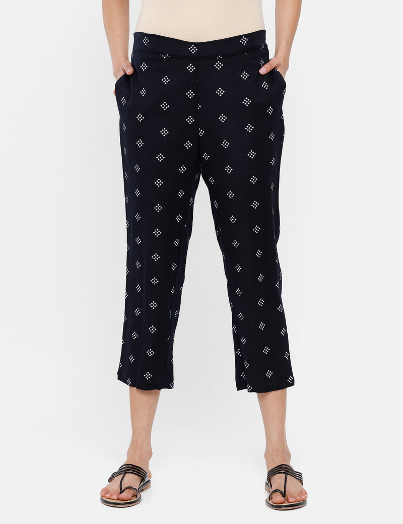 De Moza Ladies Printed Straight Pant Navy Blue