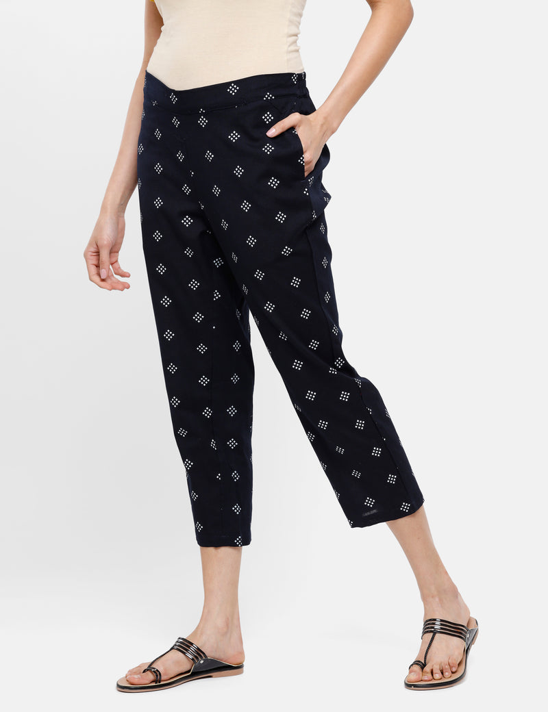 De Moza Ladies Printed Straight Pant Navy Blue