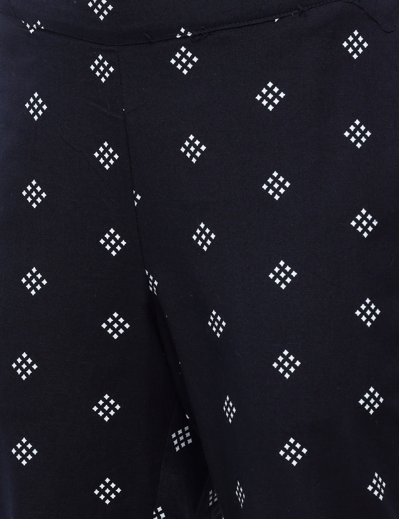 De Moza Ladies Printed Straight Pant Navy Blue