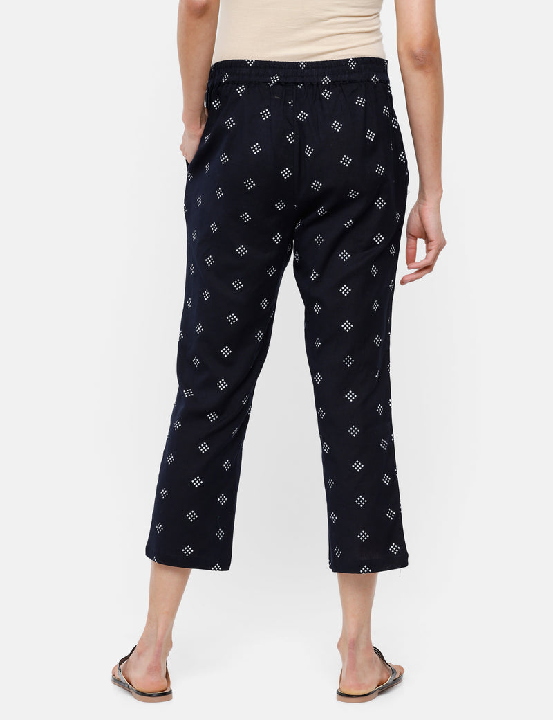 De Moza Ladies Printed Straight Pant Navy Blue
