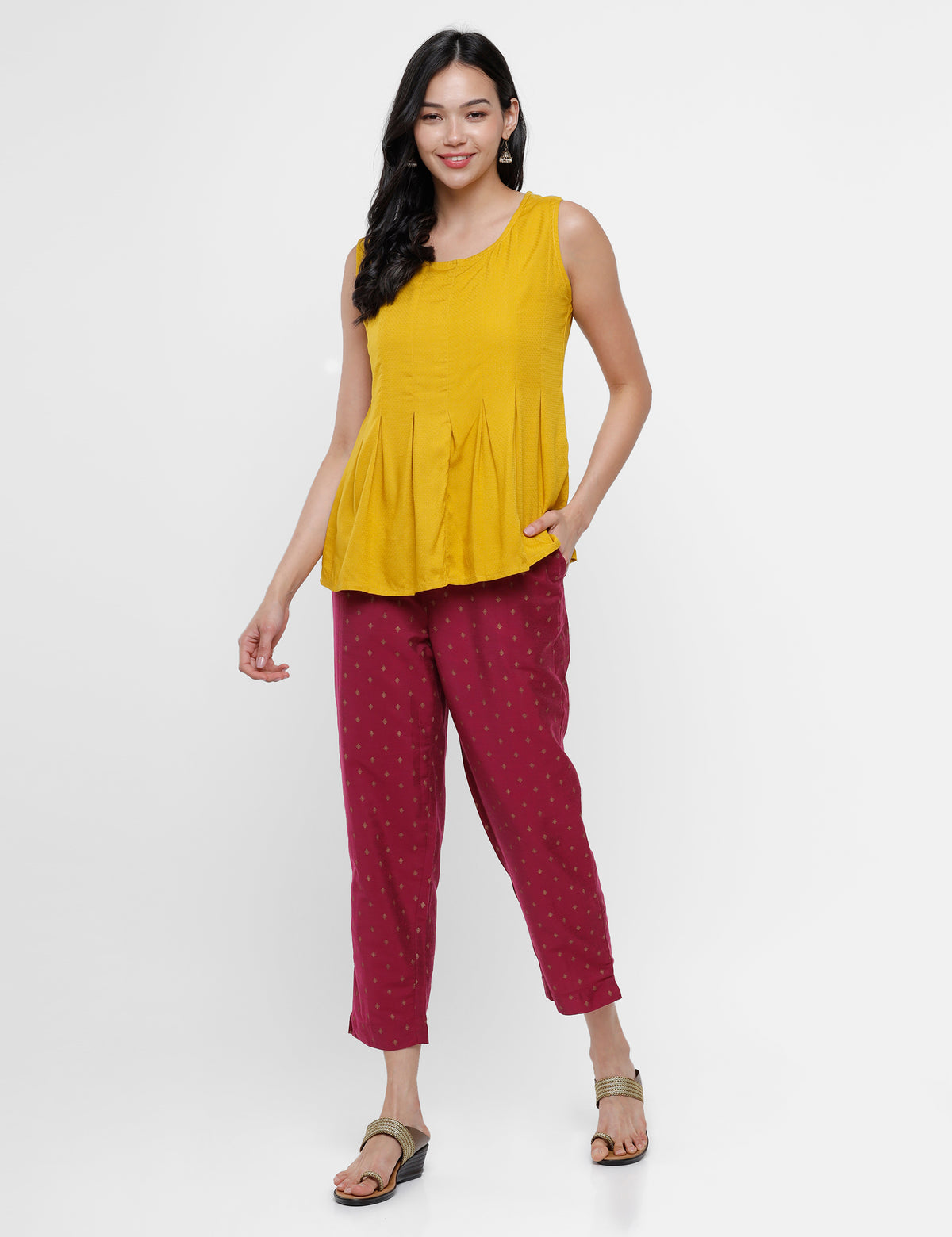 De Moza Ladies Printed Straight Pant Wine