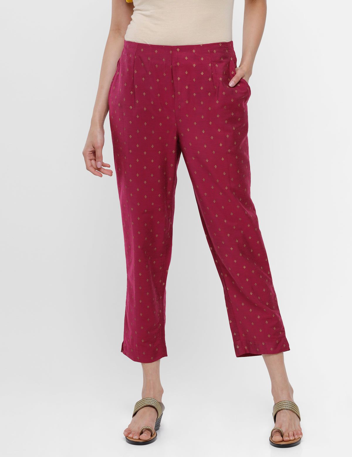 De Moza Ladies Printed Straight Pant Wine