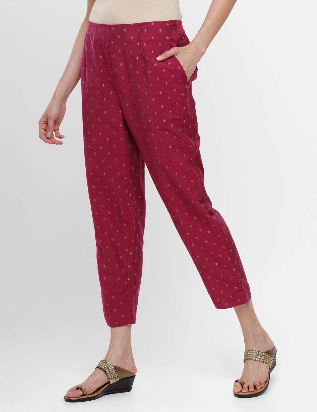 De Moza Ladies Printed Straight Pant Wine