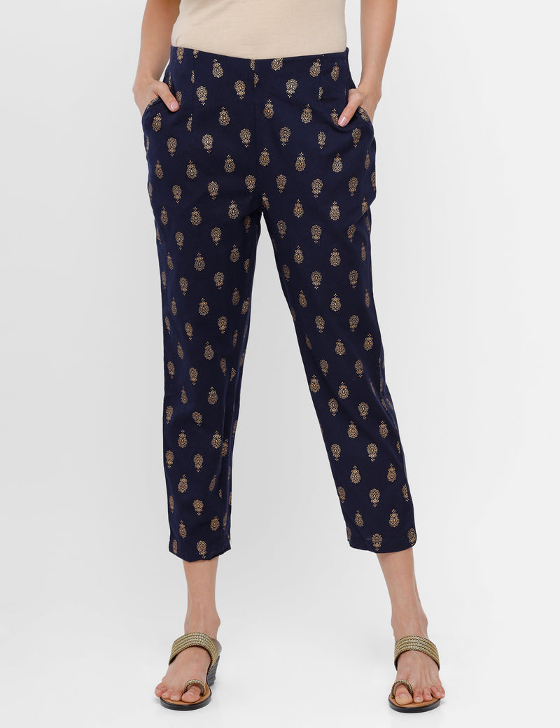 De Moza Ladies Printed Straight Pant Navy Blue