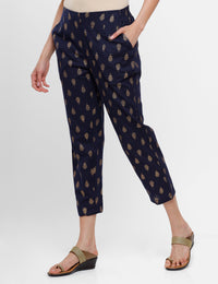 De Moza Ladies Printed Straight Pant Navy Blue