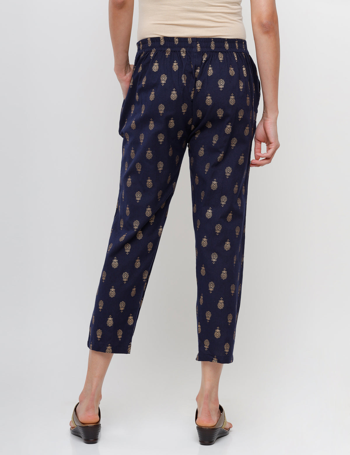 De Moza Ladies Printed Straight Pant Navy Blue