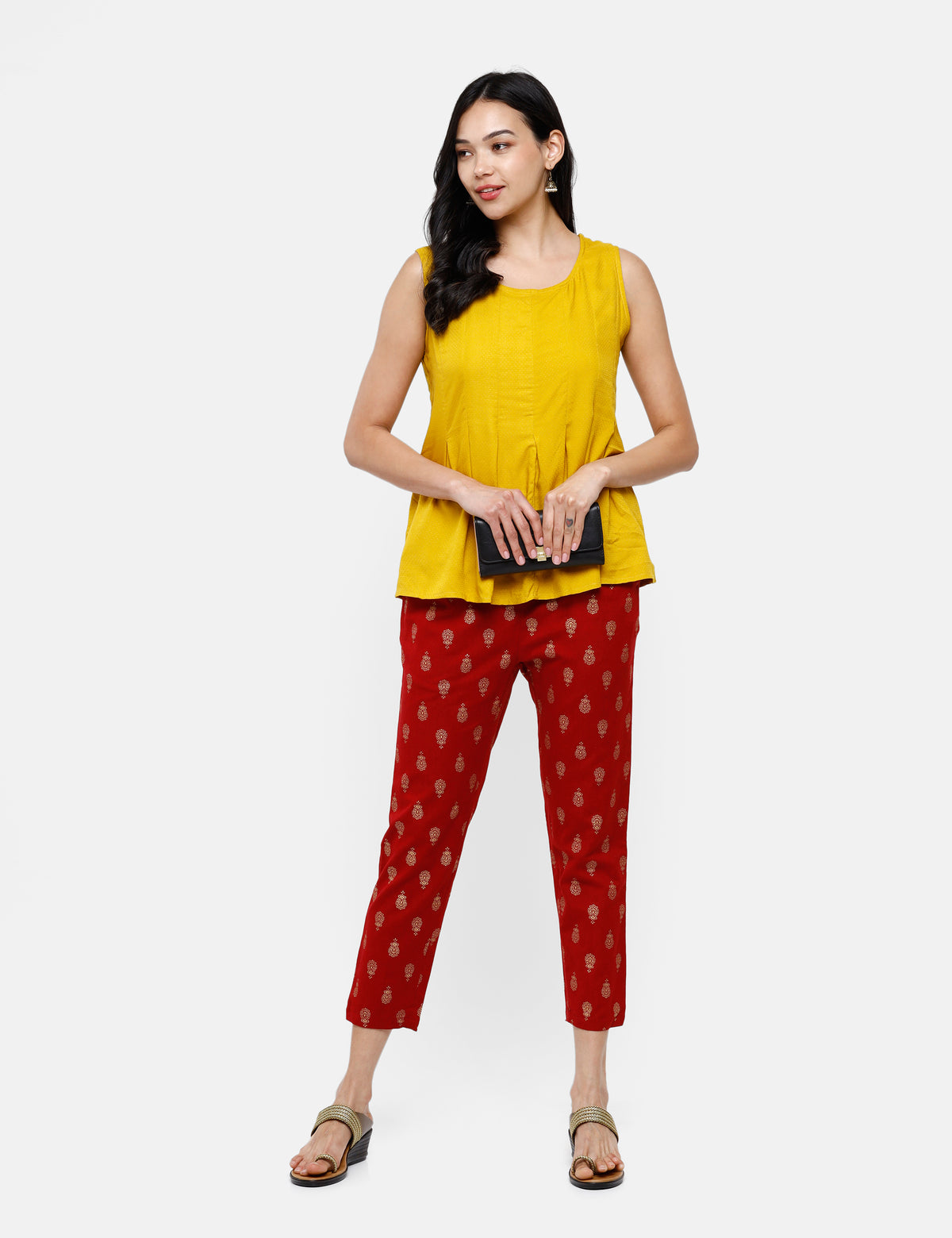 De Moza Ladies Printed Straight Pant Maroon