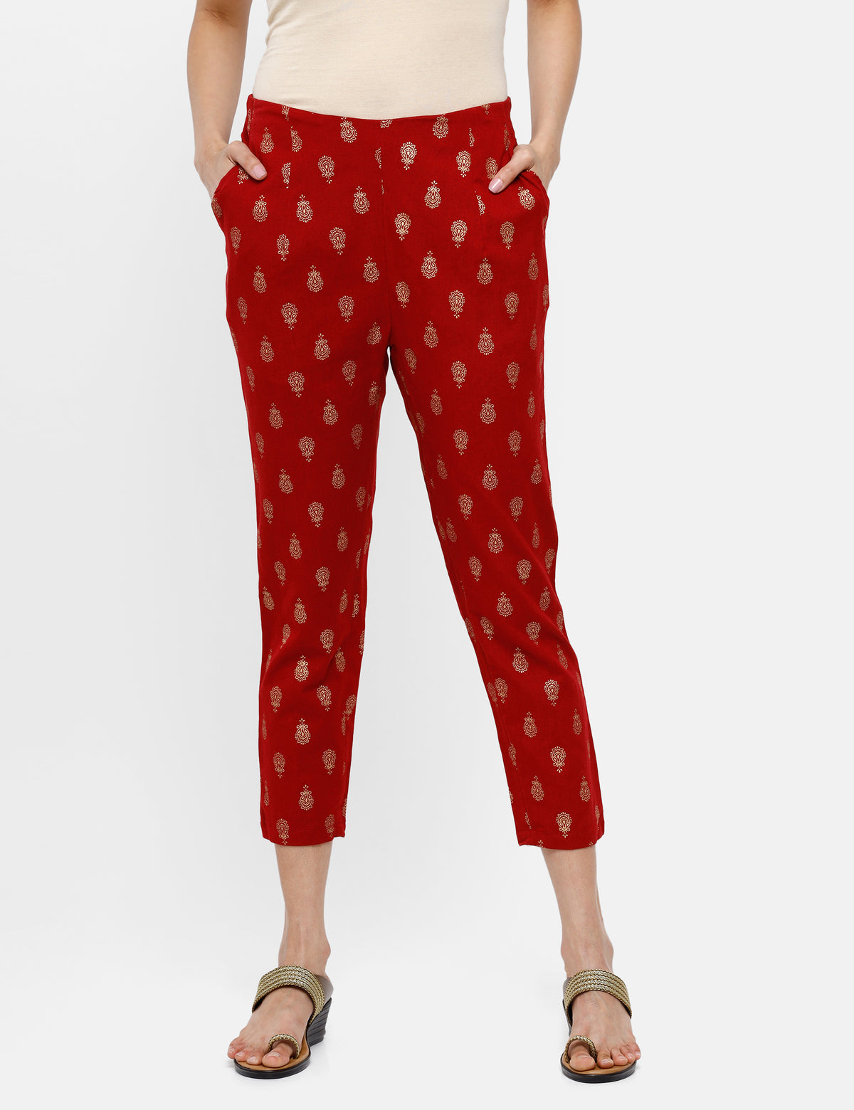 De Moza Ladies Printed Straight Pant Maroon