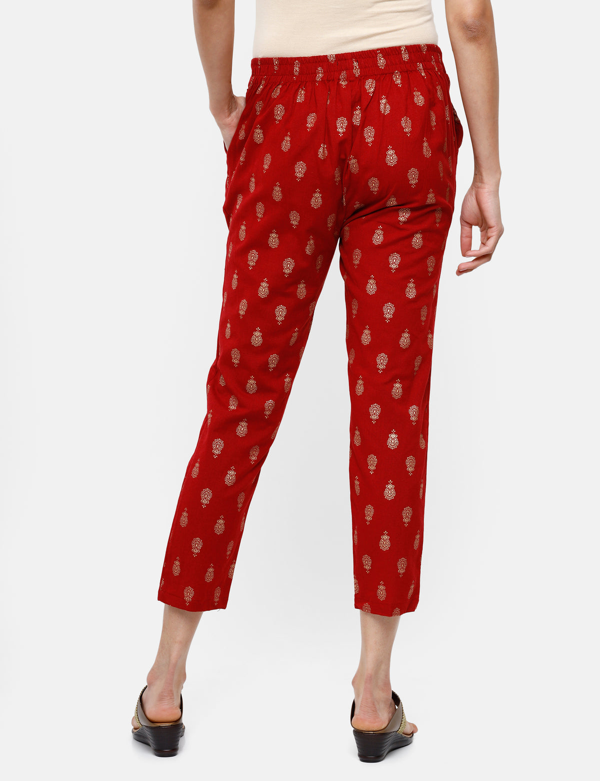 De Moza Ladies Printed Straight Pant Maroon